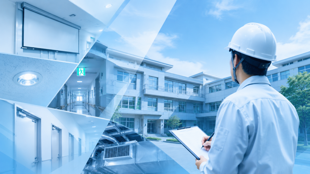 建築基準法第12条点検をイメージした建築設備と防火設備の安全確認。